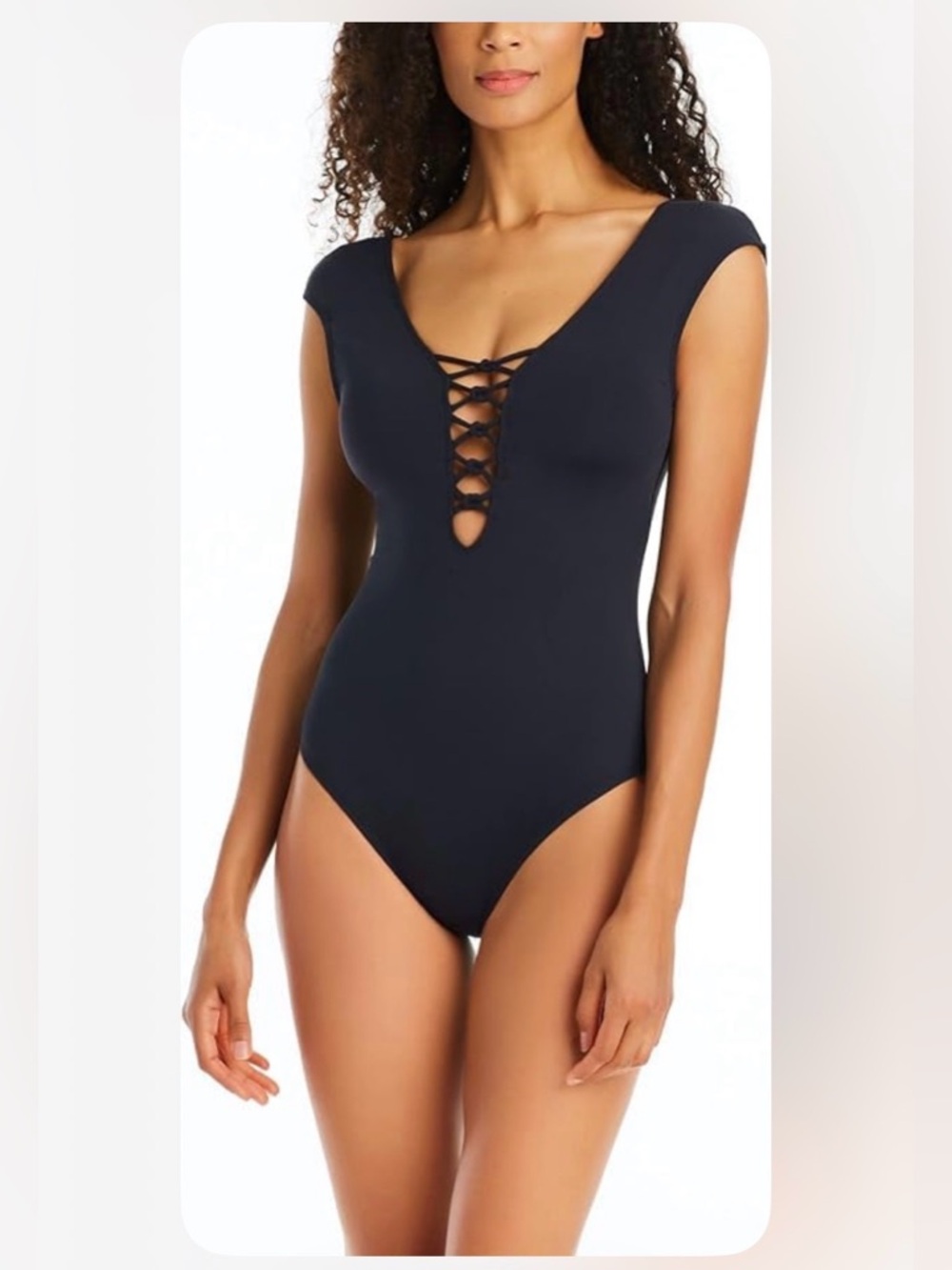 BLEU by ROD BEATTIE Hole in One Cap-Sleeve Lattice 1-Piece Swimsuit Black 14 NWT
